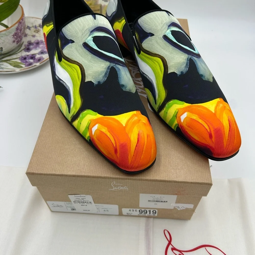 Men's Christian Louboutin, dandy, chick floral satin loafers size 45 made Italy - Picture 2 of 13